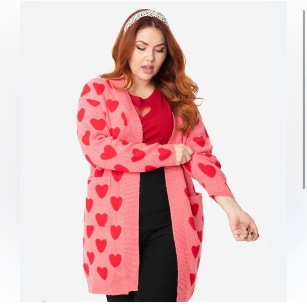 NWT Unique Vintage Magnolia Place Pink and Red Heart Cardigan Plus Size One Size